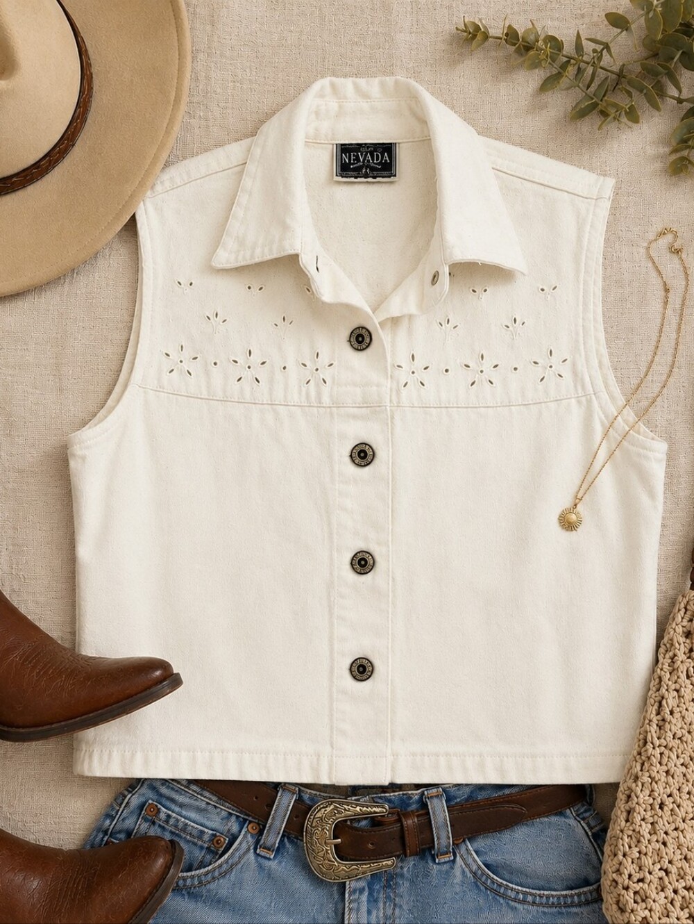 Vintage Nevada White Denim Vest Button Front Eyelet Western Cottagecore Small